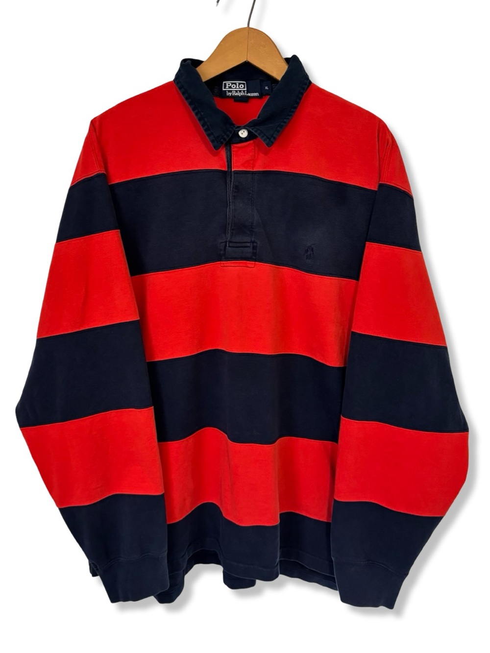 Vintage Polo Ralph Lauren Men’s Orange & Navy Striped Rugby Shirt
